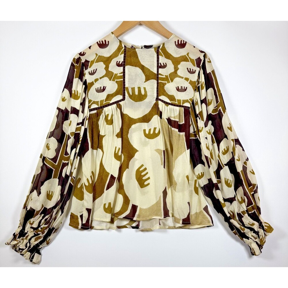 Blink London Sheer Viscose Blouse Womens XXS Petite Brown Floral Anthropologie